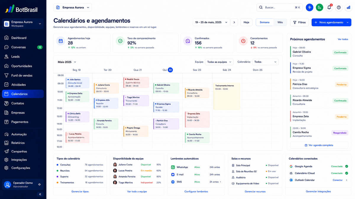 Calendário de agendamento online da BotBrasil com horários disponíveis e confirmação automática — BotBrasil para pedidos e cardápio digital