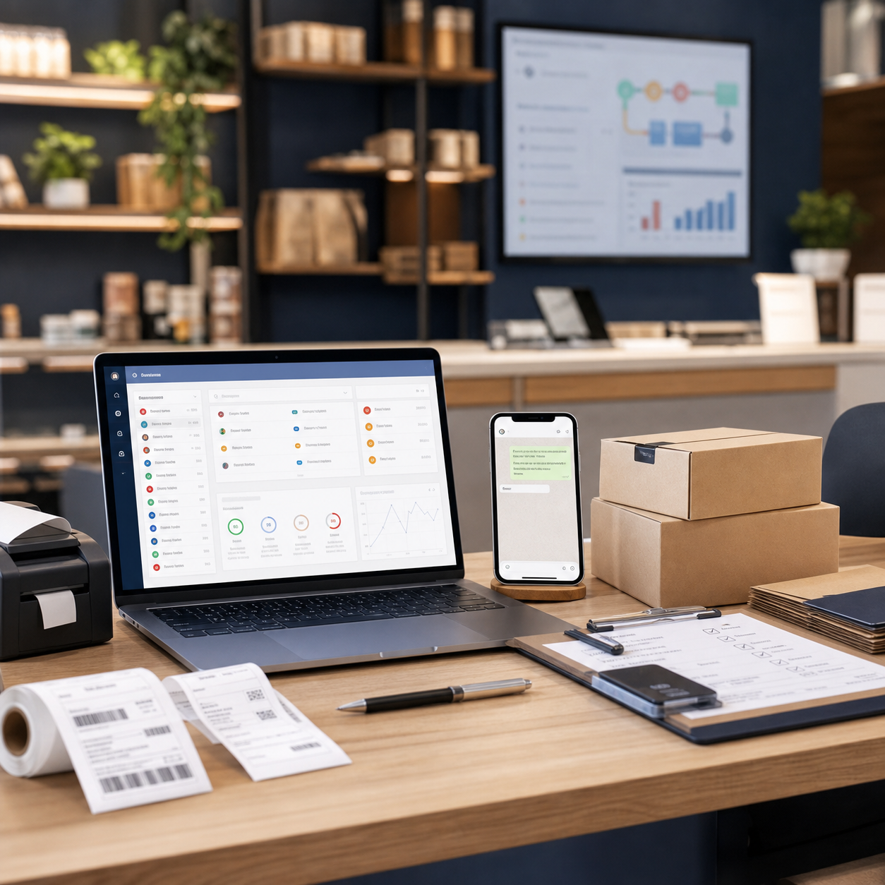 Mesa de gestão de pedidos com dashboard operacional, etiquetas e mensagens de WhatsApp