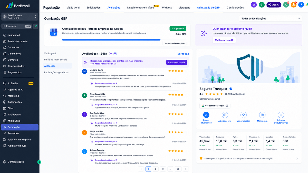 Painel de reputação online da BotBrasil com avaliações do Google, NPS e respostas automáticas — BotBrasil para pedidos e cardápio digital